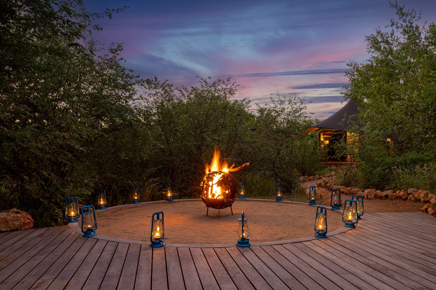 A warm fire burns at Oase on a cool evening.