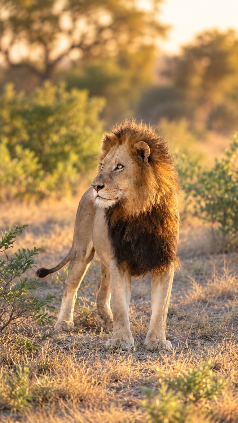 A lion walks through Kruger National Park.