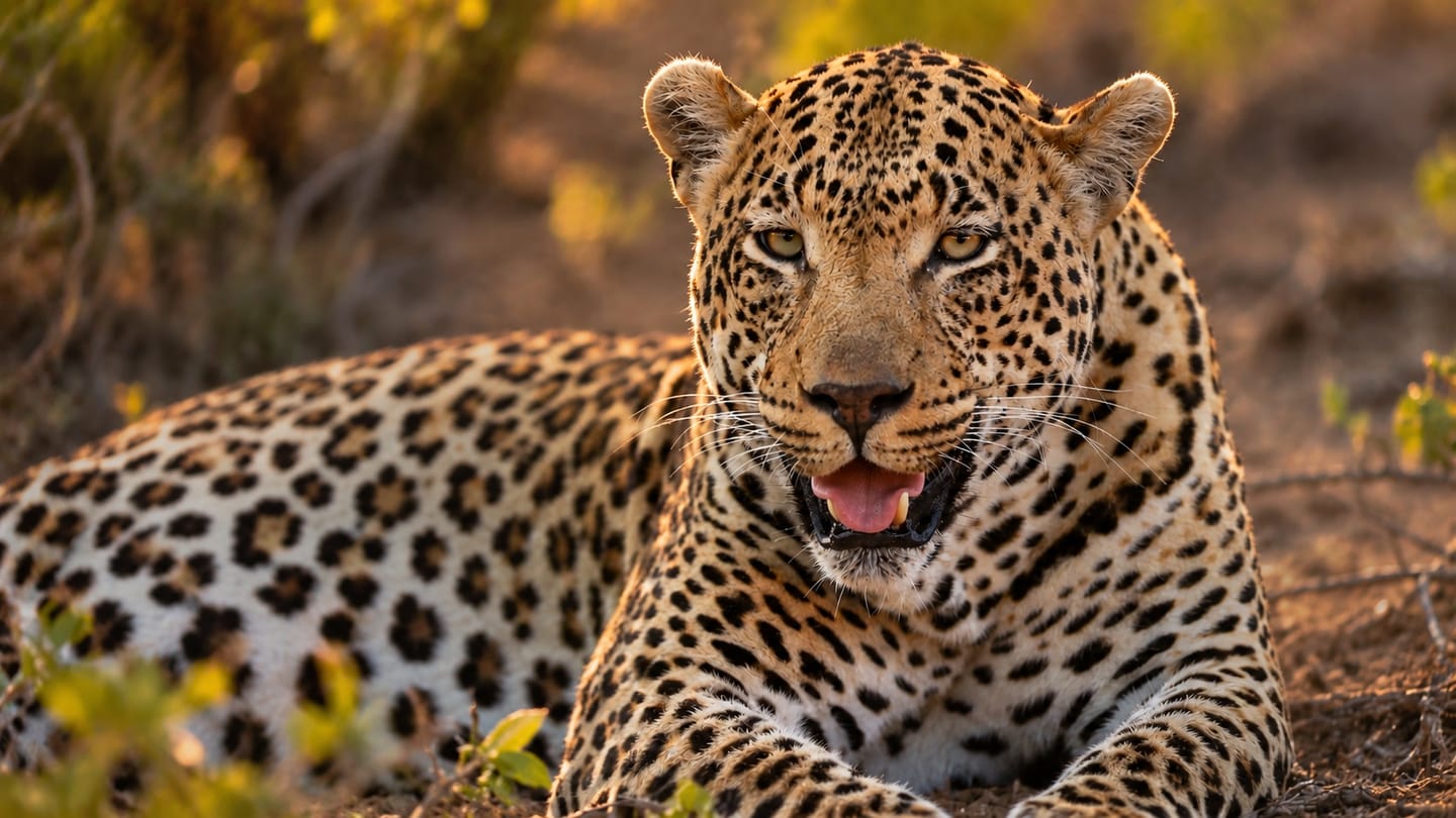 A leopard rests quietly in the African bush.