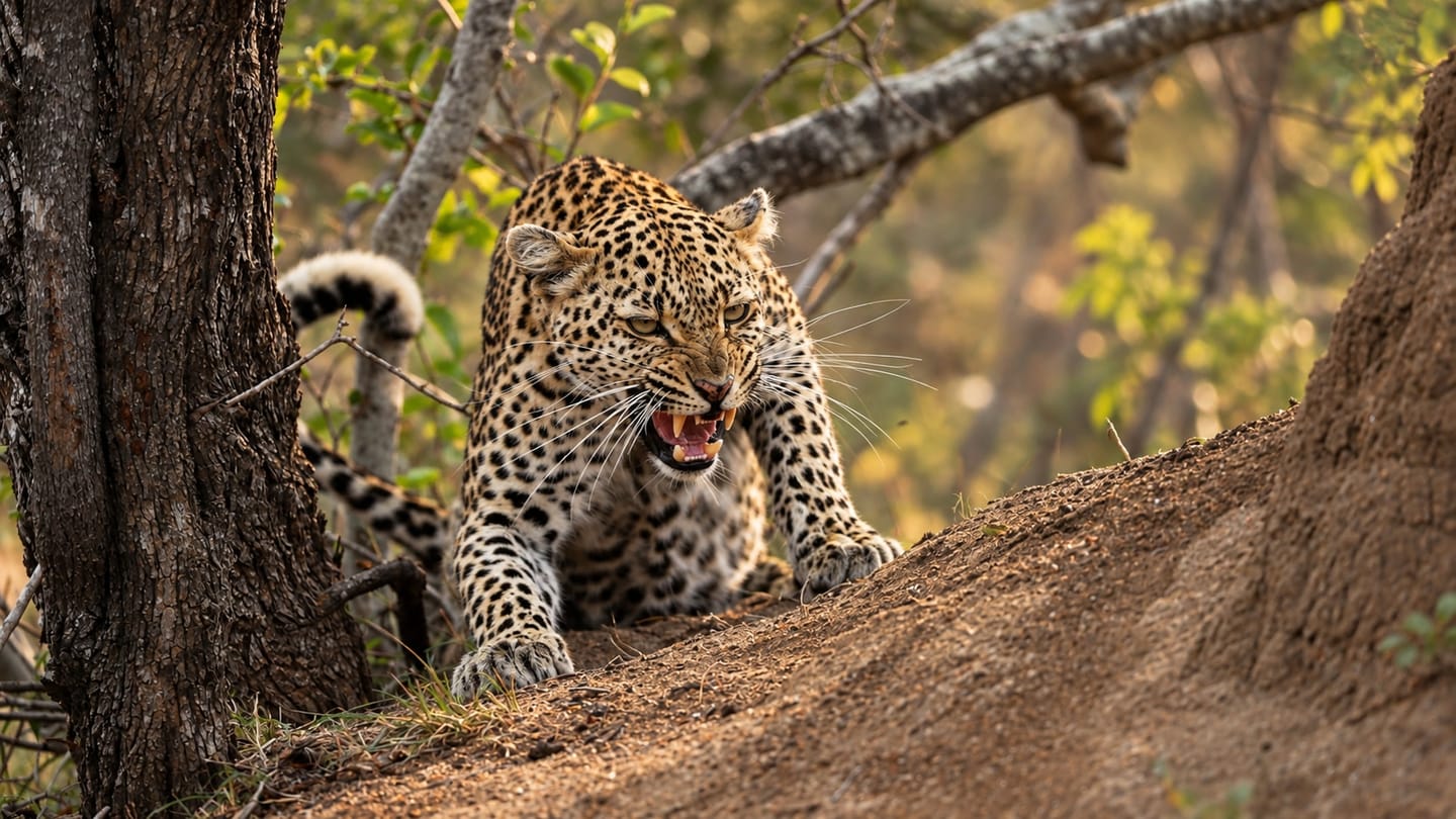 A young leopard defends her prize dinner.