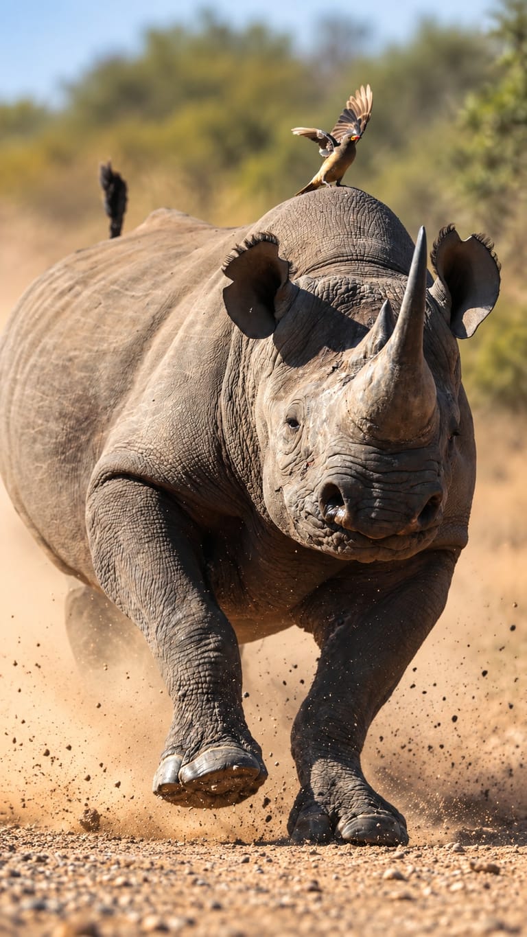 A visibly agitated black rhinoceros charges towards a game viewer.