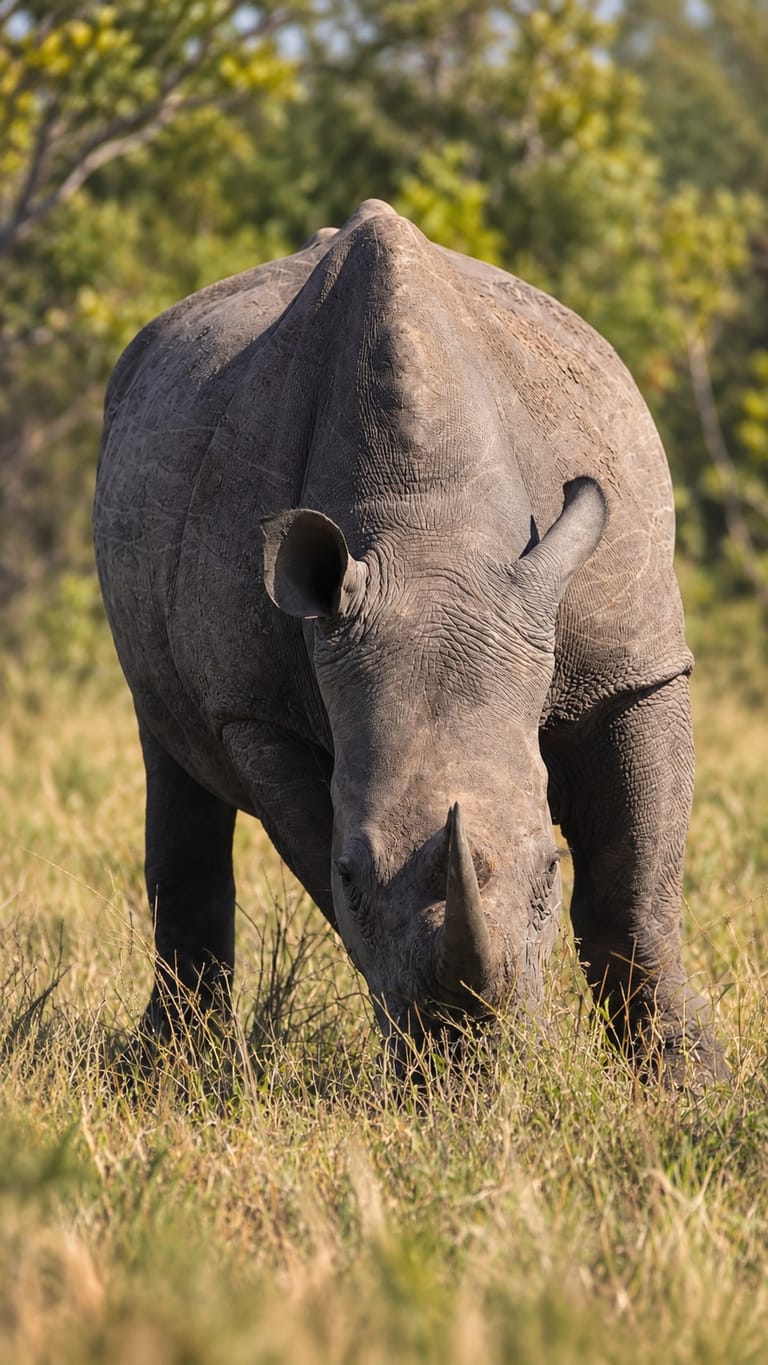 A rhinoceros grazes on vegetation in the African bush.