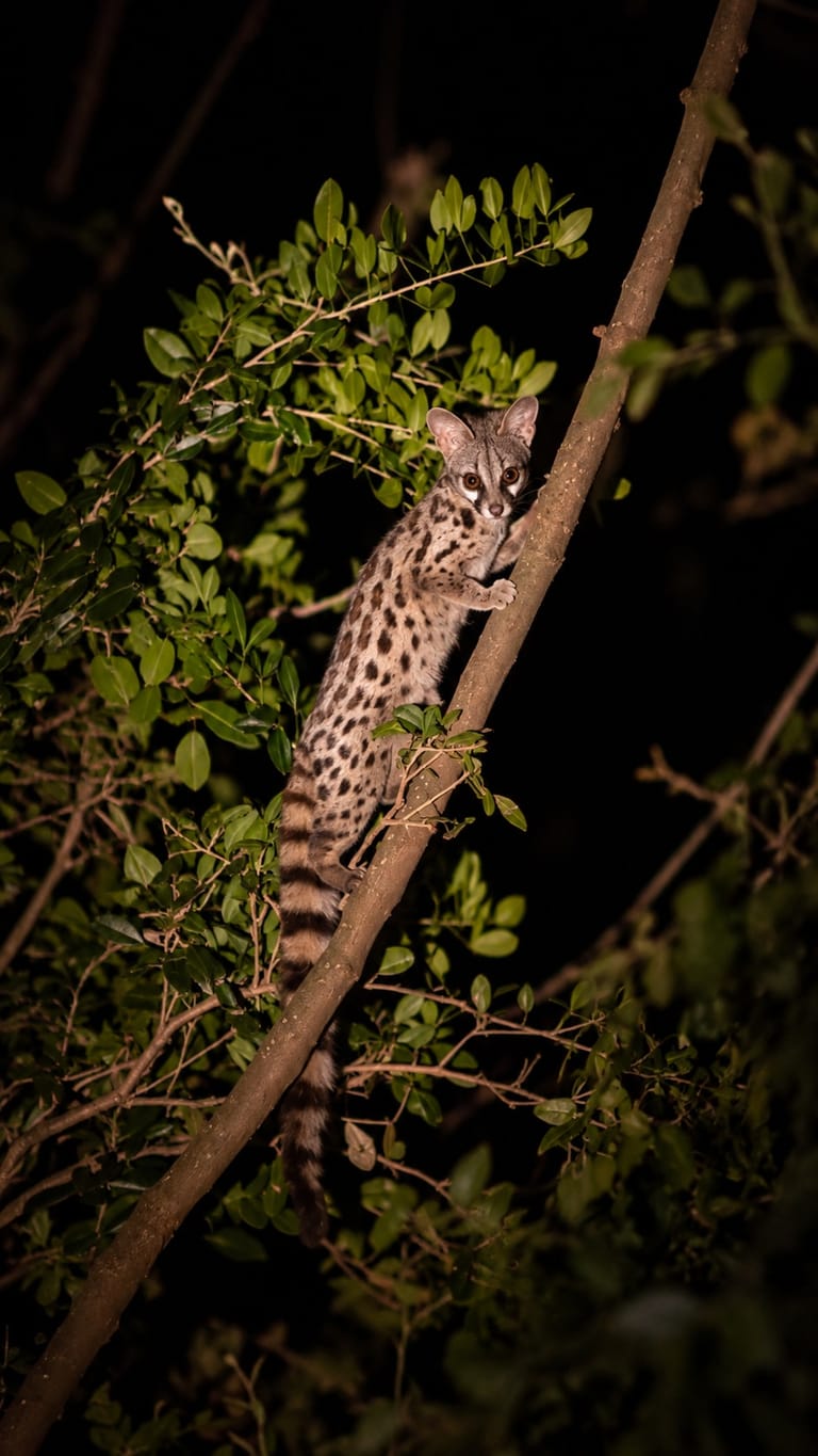 A genet is seen during a nighttime game drive.
