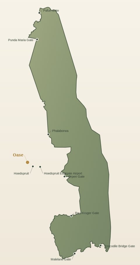 The location of Oase in Greater Kruger, South Africa, near Hoedspruit.