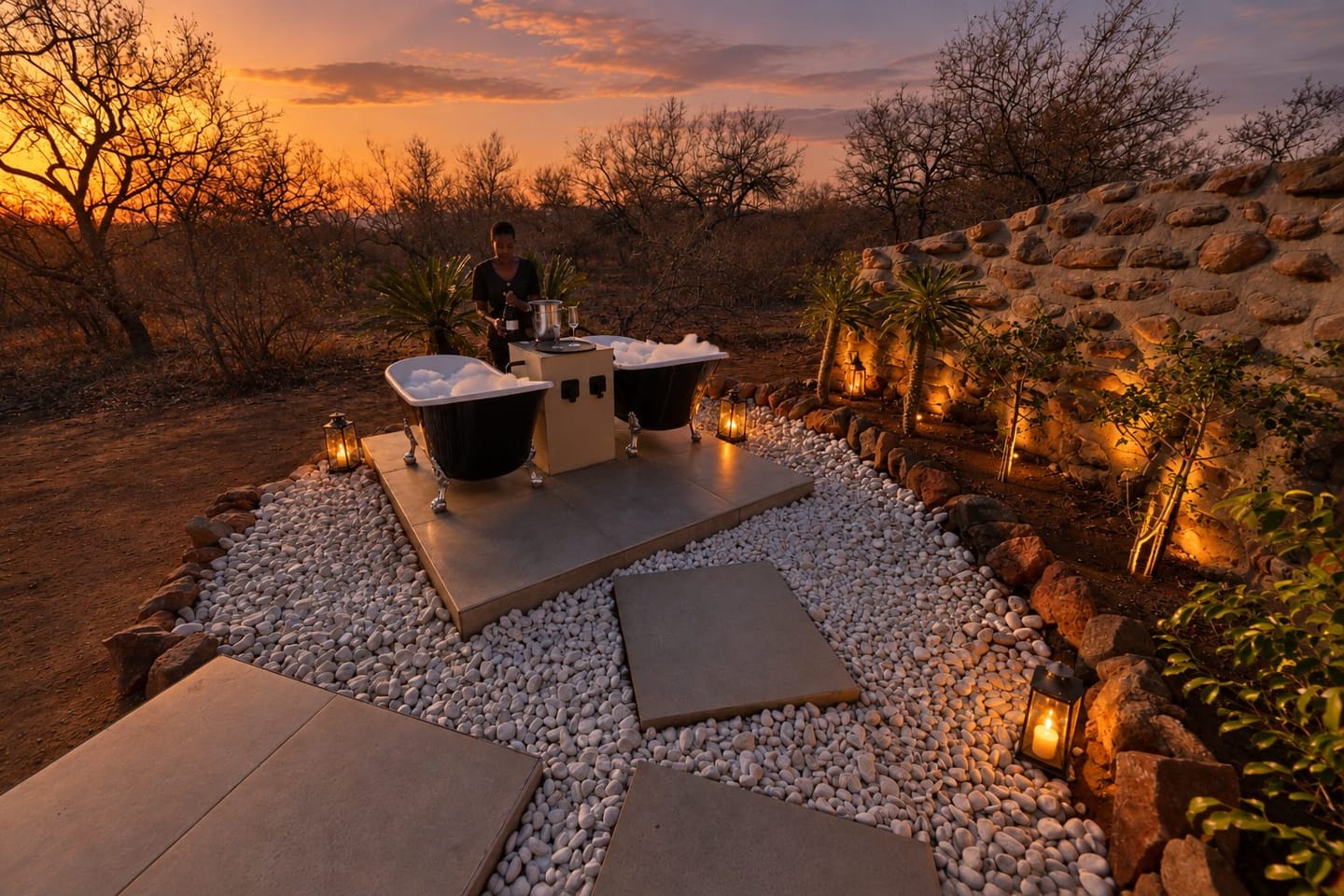 A couple enjoys a sunset bath at Spa Oase.